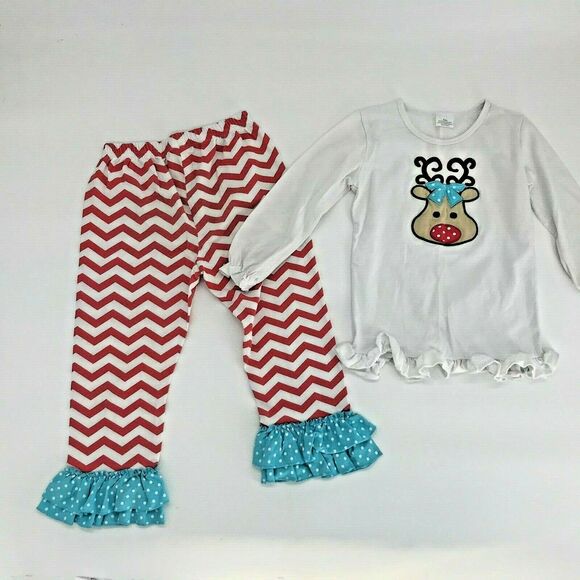 Unbranded Girls Outfit Shirt Pants Chevron Striped Ruffle Reindeer Holiday XXL - Picture 1 of 9